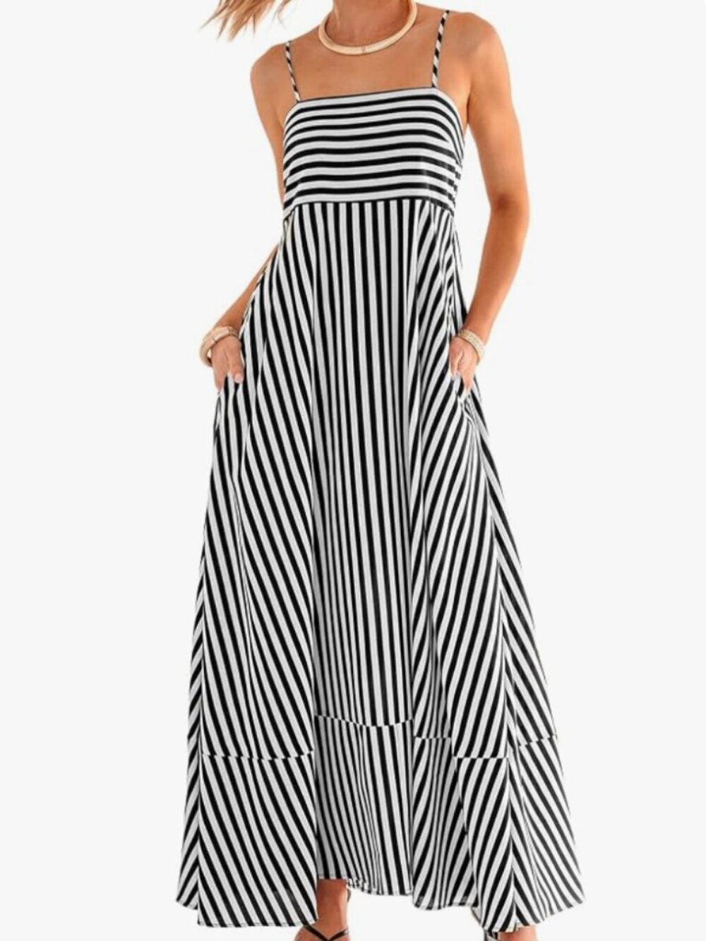 Flowy A-Line B/W striped Maxi Dress, Pull On, adjustable straps Sz 16